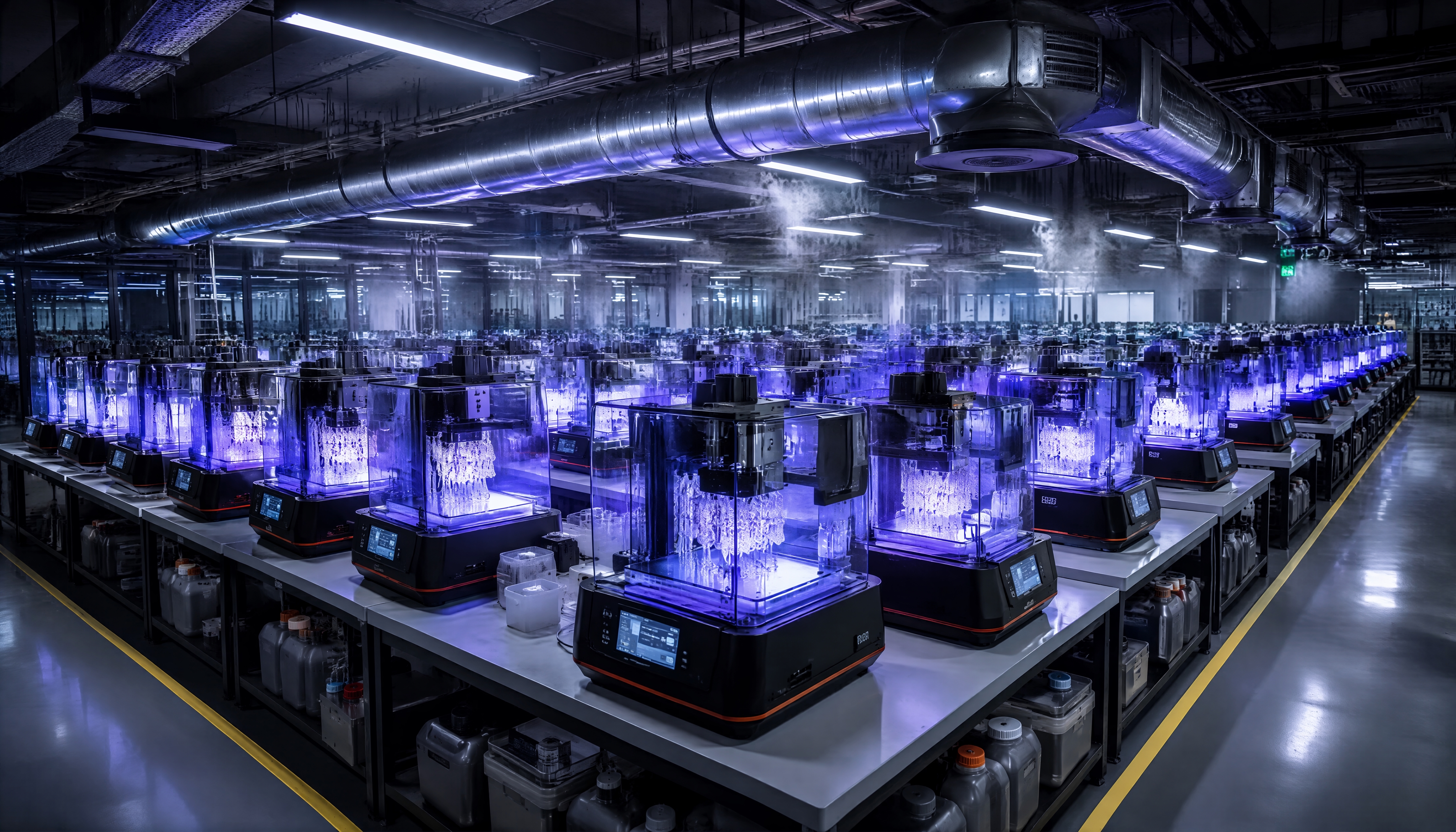 3D打印工厂内部场景，数十台树脂3D打印机整齐排列同时工作，机… - 图片创意预览