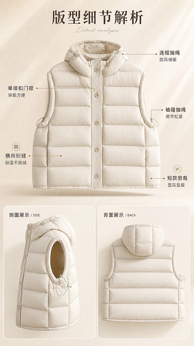 [商品] 使用【图1】奶白色连帽羽绒马甲；商品处理：保留连帽抽绳、单排五颗纽扣门襟、横向绗缝、袖窿抽绳、短款版型、奶白色和轻薄羽绒面料；自然去除衣身杂乱褶皱与压痕，理顺垂坠，增强羽绒蓬松感、缝线纹理、纽扣和抽绳五金质感，不改变版型和结构。
[画面] 目标：版型解析页，多角度展示结构卖点。构图：上方为马甲正面全貌大图，下方左右分栏展示侧面和背面局部图，用细线引线从关键部位引出标签标注。背景为浅米色渐变，底部有柔和投影。产品正面占画面50%，阅读动线从上到下、从主图到分栏。
[视觉] 套系策略：风格=韩系极简温柔风商业摄影；标题字=纤细优雅宋体衬线体；正文字=简洁无衬线体；主色=奶白米杏；背景延展=基于奶白米杏做深浅层级、同色渐变和细腻织物/哑光墙面质感；强调色=奶茶棕，仅用于小面积图标、引线和标签；标题色=深暖棕；正文色=中暖灰；组件=圆角浅底信息卡、细线引线、手写英文小字装饰；光影=左前侧暖柔光，柔和阴影。
[文字] 顶部主标题"版型细节解析"，引线标注五个卖点："连帽抽绳 防风保暖"、"单排扣门襟 穿脱方便"、"袖窿抽绳 调节松紧"、"横向绗缝 锁温不跑绒"、"短款剪裁 显高显瘦"；文字分布在马甲两侧，不遮挡主体结构。
[规格] 图片比例9:16竖版，4K，避免变形、错字、文字过小、冷蓝/蓝灰背景、马甲颜色改变、版型失真、极限词。