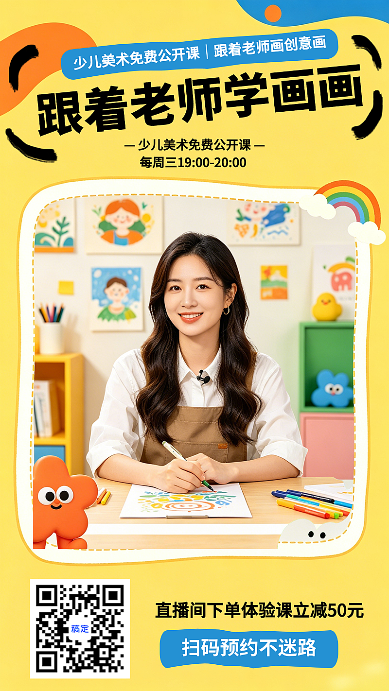 【直播】少儿美术公开课机构直播课程营销童趣风贴片