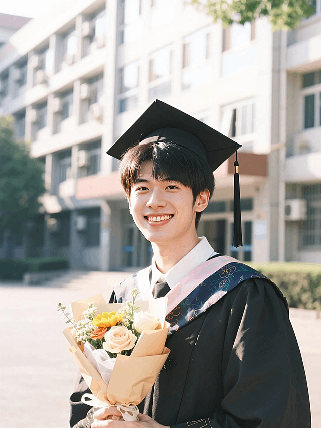 男生，毕业照，正面照，笑容灿烂，穿着学士服，戴着学士帽，手里拿着花束，阳光，背景是校园教学楼