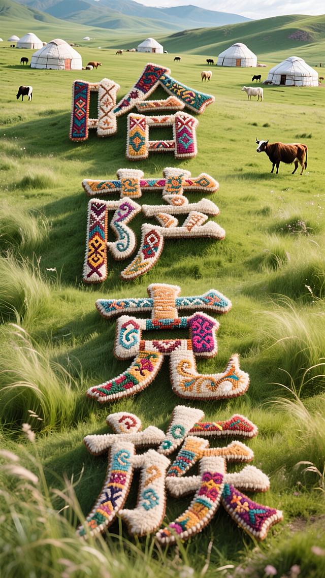 哈萨克族绣花毡组成”哈萨克族“；背景是绿色草原、白色毡房、动物