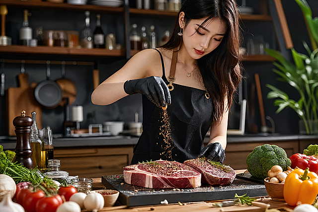 美女带着黑色丁腈手套往牛排上撒调料，食材丰富，画面超清质感