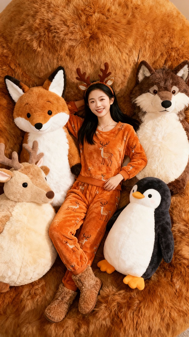 软3D风毛绒动物围裹，拟人化萌趣场景，暖橙色系营造温馨舒适感，卡通感十足的节日家居穿搭，尽显可爱与治愈。