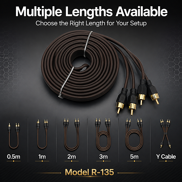 Length options and SKU infographic for R-135 audio cable, Amazon style. Layout: the coiled brown RCA audio cable sits in upper center as main visual, occupying about 40% of frame. Below it, a clean horizontal length selection display showing six length options represented by progressively longer cable illustrations with labels: "0.5m", "1m", "2m", "3m", "5m", and "Y Cable". Each option has a small cable icon and text below. Top headline: "Multiple Lengths Available" in large white bold font. Subtitle: "Choose the Right Length for Your Setup". Bottom center model text: "Model R-135" in gold. Background: sleek dark gray gradient with subtle tech texture. Keep the coiled cable appearance, brown color, gold plugs exactly consistent with input product images. Lighting: clean studio product lighting, even illumination. Color palette: dark gray main background, gold accent color, white text. 1:1 ratio, ultra HD commercial infographic, all English text clear and readable. Negative: deformed cable, blurry text, Chinese characters, watermark, platform logo, messy layout