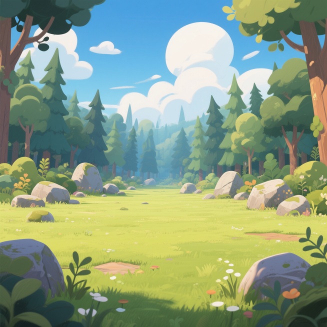 游戏插画风格的背景图，一片广袤的森林，正前方是一片草地，草地后方有大小不一的石头围绕着草地地面左右两旁，石头后面有森林，参杂植物着草地，有蓝天白云，整体色调分明，卡通可爱风格，画面清晰整洁，透发出大自预览效果