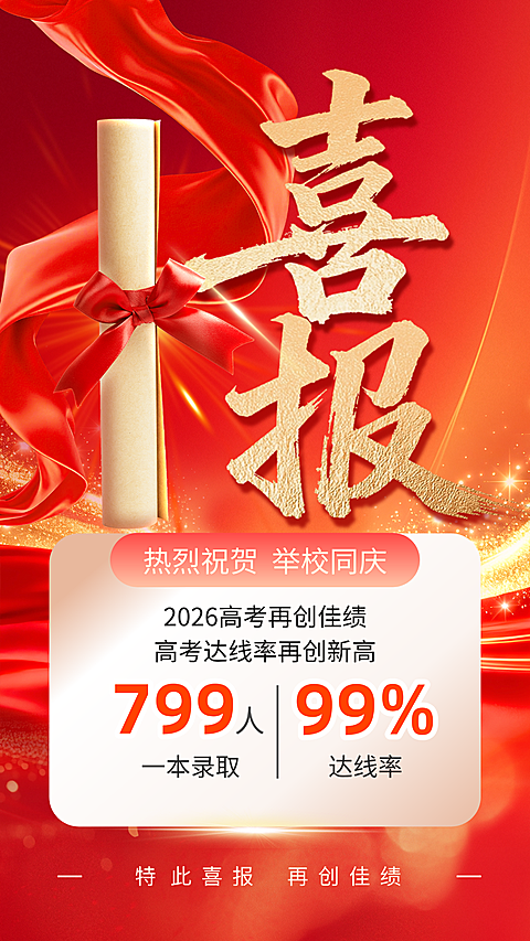 红绸卷轴喜庆感高考喜报微信朋友圈竖版海报