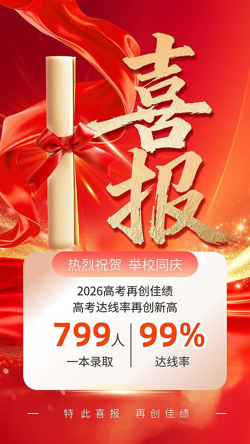 红绸卷轴喜庆感高考喜报微信朋友圈竖版海报