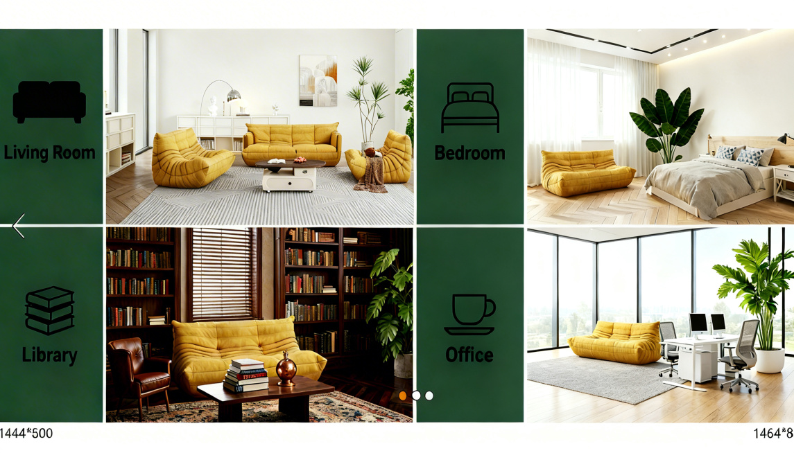 把四宫格左上角Living Room格子中的图片替换为用户上传的新客厅场景图（https://gdesign-dam-hz.dancf.com/35896962714421353/1dc478e1e1预览效果