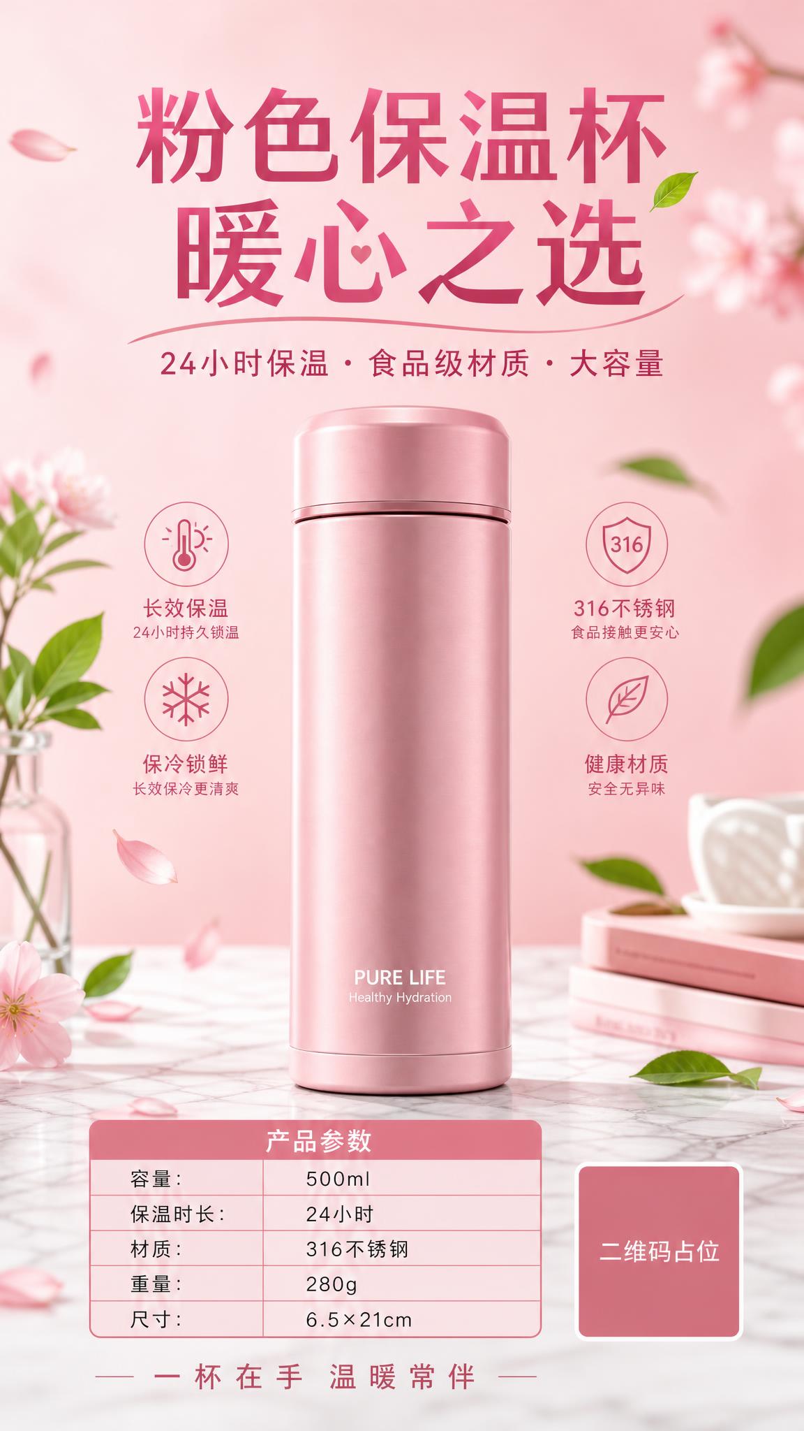 一张现代简约风格的粉色保温杯产品宣传海报，竖版9:16比例。画… - 图片创意预览
