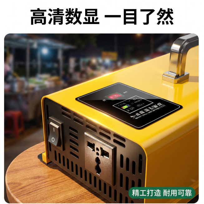 [主图 3] 移动逆变器细节特写，聚焦核心操作区域，放大展示工艺细节
[氛围风格] 专业品质感，突出做工细节
[画质] 微距特写质感，清晰锐利，材质纹理真实
[元素] 放大特写产品正面液晶数显屏、电源预览效果