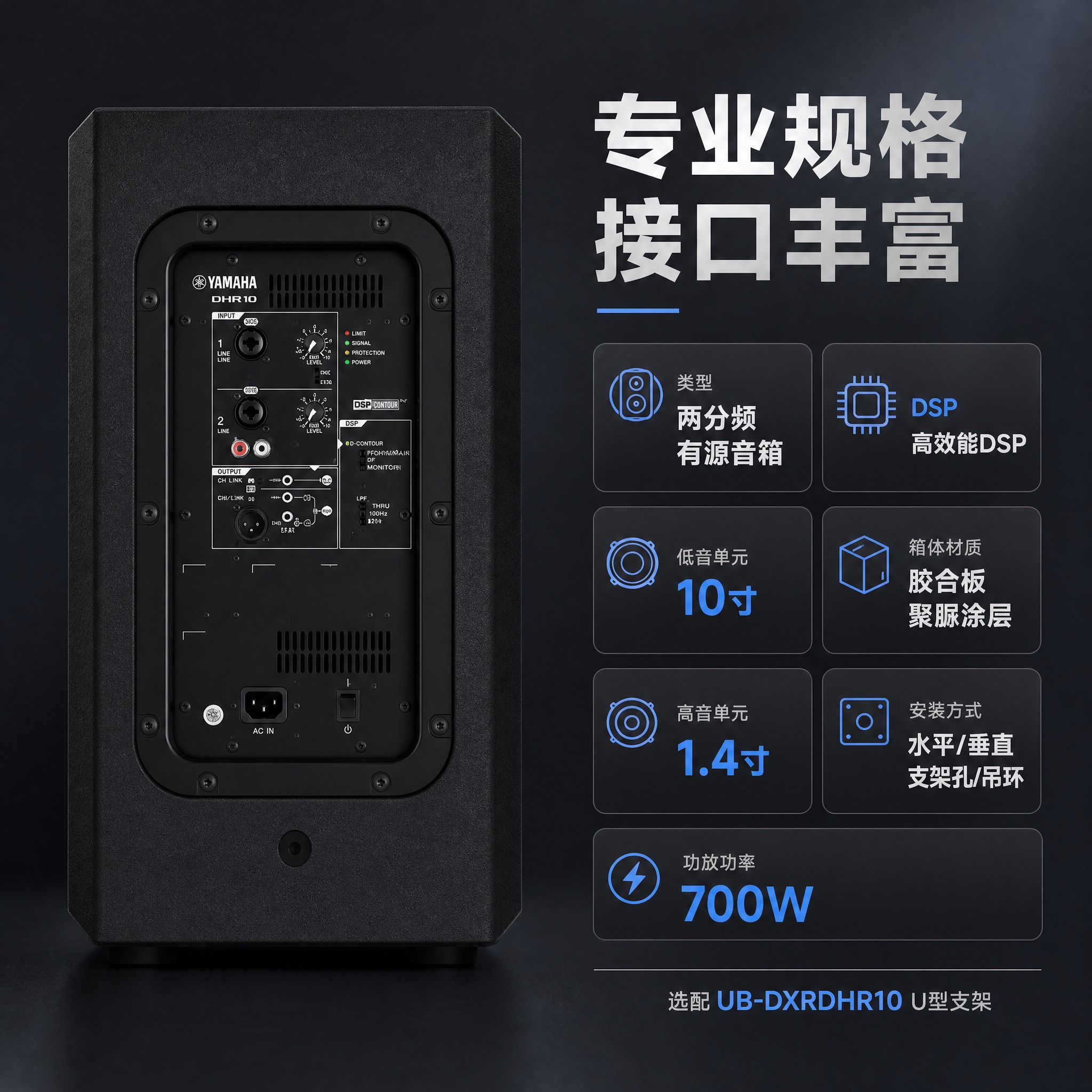 [主图-5] 雅马哈 DHR10 两分频有源音箱 背面接口与规… - 图片创意预览