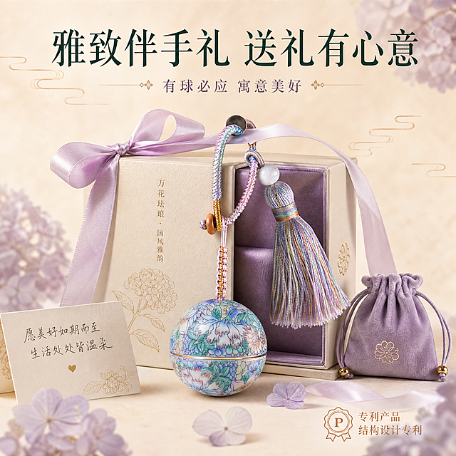 [主图-5] 国风万花款珐琅彩陶瓷分装罐钥匙扣挂件 礼赠价值与专利卖点 伴手礼首选
[统一基调] 国风雅致精致风格，背景为浅米杏色柔焦新中式场景，点缀淡紫色绣球花瓣与浅金纹理，主色调用紫蓝绿珐琅彩呼应产品，标题字色为深墨绿，辅助字色为灰紫，强调色为玫瑰金，字体使用雅致宋体衬线体，字号层级分明，整体温润高级有仪式感
[画面] 画面中央展示完整的礼赠套装：产品悬挂在精致的米白色礼盒上方，礼盒系着浅紫色丝带，旁边放着一张手写贺卡与一个小巧的绒布袋，主体占比约60%。产品完整展示球形罐体、渐变流苏、编织挂绳，珐琅彩花纹清晰。礼盒半开，内衬浅紫丝绒，营造高级礼赠感。背景为浅米杏色，底部有淡淡的绣球花影
[光影质感] 商业摄影柔光质感，整体光线柔和均匀，礼盒质感高级，丝带飘逸自然，陶瓷产品温润有光泽，整体氛围温馨有仪式感
[配色] 背景浅米杏色，礼盒米白配浅紫丝带，产品珐琅彩蓝绿紫渐变为主，玫瑰金线条点缀，文字深墨绿与灰紫搭配，强调色玫瑰金
[文字版式] 顶部横排主标题「雅致伴手礼 送礼有心意」，深墨绿色雅致宋体，字号较大。主标题下方一行辅助文案「有球必应 寓意美好」，灰紫色小字号。右下角横排「专利产品 结构设计专利」，玫瑰金色小号字，旁边有一个小专利徽章图标。文字均放在负空间，不遮挡产品主体
[输出要求] 1:1正方形比例，文字清晰可读，礼赠氛围浓厚，产品清晰。禁止变形、错字、模糊、杂乱、水印、平台Logo、绝对化用语、廉价包装感