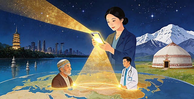 基于参考图重新生成，整体构图、人物、手机发光效果、金色光线连接、地球地图、星空、水面等所有元素保持不变，仅修改地标建筑：将左侧上海东方明珠替换为杭州西湖地标（保俶塔、三潭印月、杭州城市天际线），将右侧蒙古包替换为吉尔吉斯斯坦风格的白色毡房（带有吉尔吉斯传统纹饰，区别于蒙古包），背景雪山保留为天山山脉风格，整体为杭州、中国西北、吉尔吉斯斯坦三地医疗连线主题，扁平插画风格，夜晚星空场景，金色粒子光效