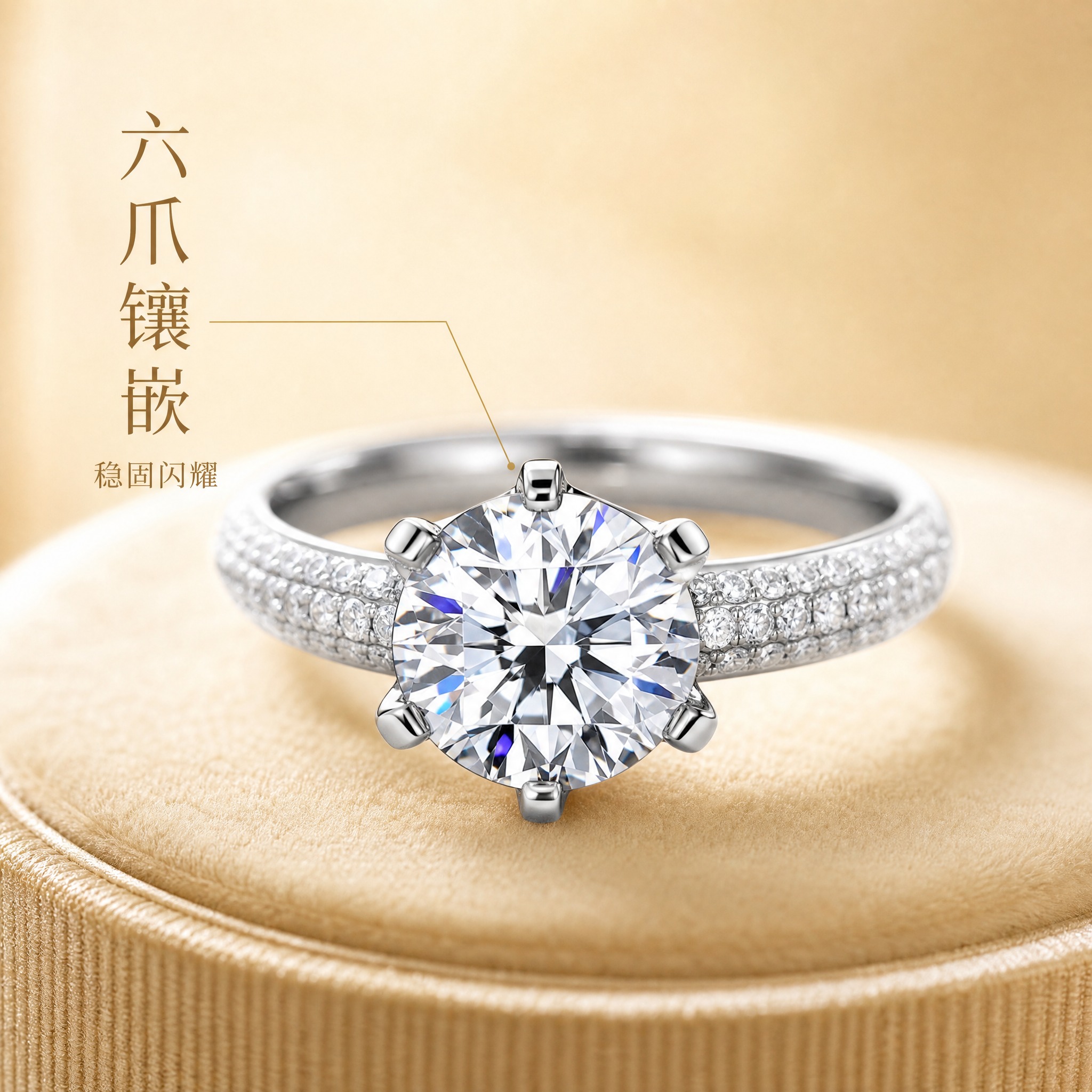 [主图-2] 六爪镶钻戒指核心亮点图，展示镶嵌工艺与材质细节。… - 图片创意预览