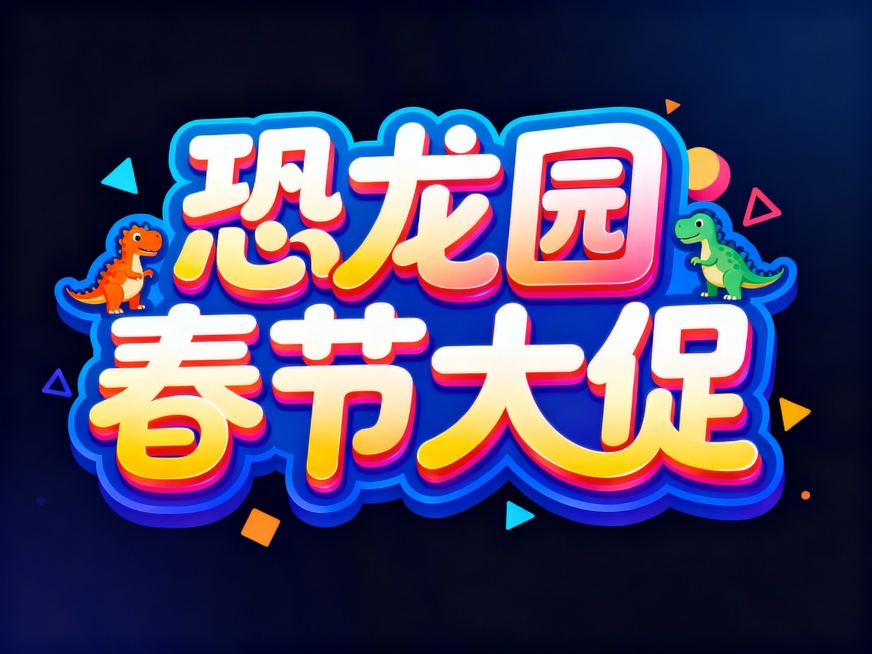 色彩鲜艳的艺术字设计，文字内容为“恐龙园春节大促”，采用活泼醒目的渐变配色方案，字体造型在保持原文字结构基础上增加圆润流畅的曲线变化和几何图形装饰元素，整体视觉效果更具动感和现代感，文字周围配以小恐龙预览效果