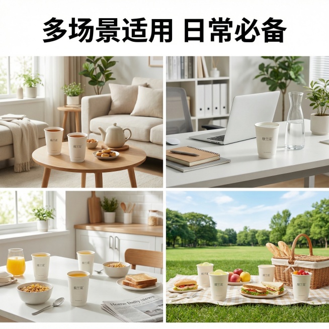 [主图4] 多场景适用展示，欣兰花一次性加厚纸杯，简约质感风格。四宫格布局展示四个使用场景：客厅待客、办公室喝水、家庭早餐、户外野餐，每个场景都放置了纸杯，画面干净明亮，风格统一。主标题“多场景适用预览效果