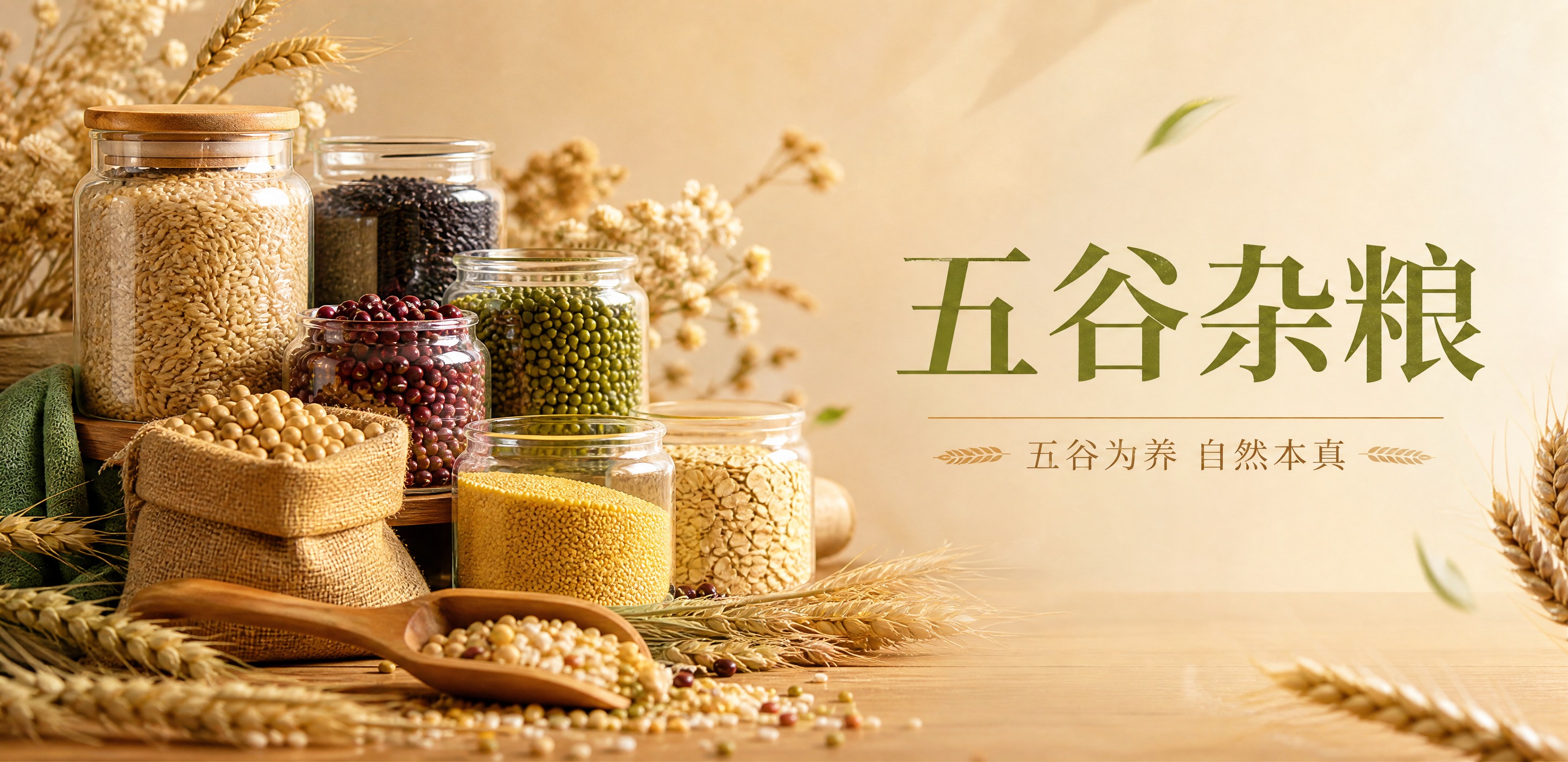 清新环保生态风格分类导航海报，横版构图。画面左侧为五谷杂粮产品… - 图片创意预览