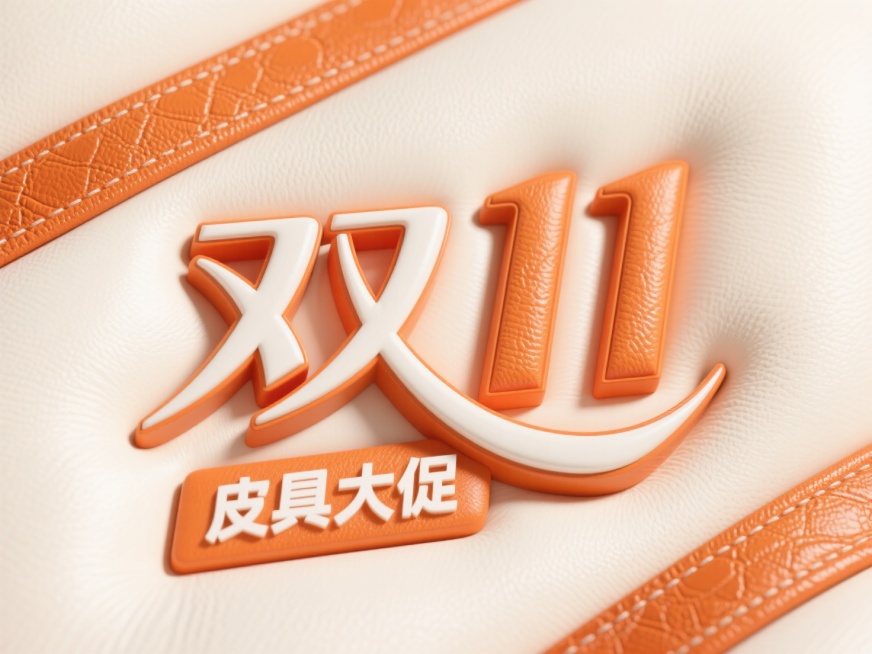 中间主标题”双11""，副标题” 皮具大促""，字体是庄重的，文字的表面是橙白色皮革的质感，米白色皮革背景，高饱和色彩。预览效果