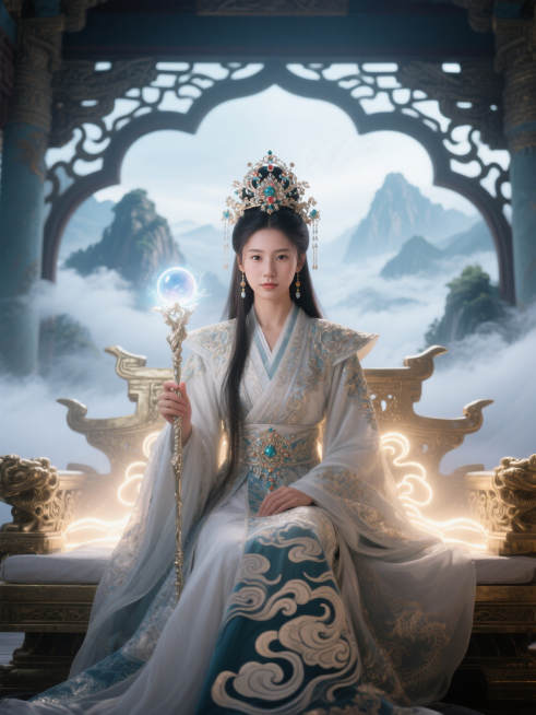 人物看向前方，头戴华丽珠宝发饰，身穿华丽祥云战袍，右手持灵珠法杖，散发柔光，坐在霸气宝座上，宝座散发光晕，宫殿中间镂空，背景是仙山云雾环绕，预览效果