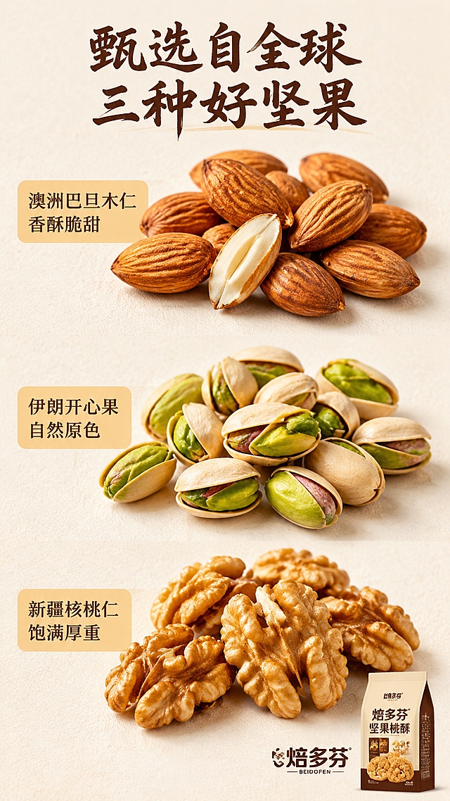 [第2屏] 坚果原料详情页，展示焙多芬坚果桃酥的三种真实产地坚果。本屏产品包装仅作辅助，原料为视觉核心。
[氛围/风格] 真实食材摄影风格，自然质朴，突出食材新鲜天然的质感。
[元素布局] 页面竖向三栏分布，从上到下依次摆放澳洲巴旦木仁、伊朗开心果、新疆核桃仁三种原料的微距特写，每种原料占屏约30%，总占屏超过80%；右下角小区域放置产品logo；保留原料完整颗粒形态，每种坚果都清晰展示纹理和色泽。
[光影质感] 自然光均匀打光，每种坚果都有柔和阴影，突出颗粒立体感和果仁油脂光泽。
[配色色系] 全局底色 #FAF3E9；主色原木棕；辅助色深棕色文字，浅金色标签。
[视角构图] 俯拍微距，每个原料单独成像，竖向排版，阅读动线从上到下。
[文字版式] 书法感标题在顶部，深棕色文字；每种坚果配产地名称和卖点，浅金色圆角底衬标签，文字清晰不遮挡果仁。主标题「甄选自全球 三种好坚果」；三行卖点分别是「澳洲巴旦木仁 香酥脆甜」、「伊朗开心果 自然原色」、「新疆核桃仁 饱满厚重」；字色全套统一为深棕色，风格一致。
[比例分辨率] 9:16竖版比例，4K分辨率，文字清晰可辨，高清画质。
[负向提示词] 果仁变形，颜色失真，文字错乱，文字过小，水印，背景杂乱