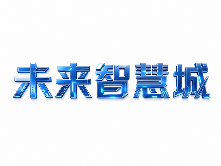 干净的纯白色背景。3D艺术字体设计，5个主体文字“未来智慧城市”，所有文字单行横向排列，未来科技风格，几何切割无衬线字体，笔画做简约线条重构与几何化处理，蓝色科技金属主体色。仅包含5个字："未"、"来预览效果