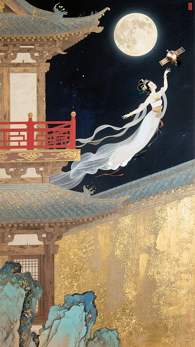 精美的古代阁楼和围墙，嫦娥仙子抬手欲飞上天空，夜空中圆月和迷你太空卫星高悬依偎。