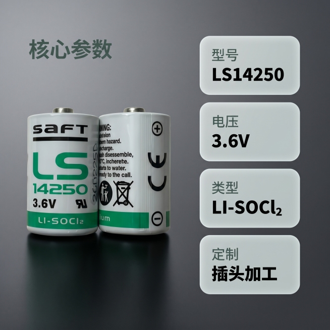 [主图 2] SAFT LS14250锂电池核心参数展示。[氛围风格] 3C数码科技风，理性精准，质感高级。[画质] 商业摄影质感、光线柔和通透、产品清晰真实、画面干净高级。[元素] 左侧展示SAFT预览效果