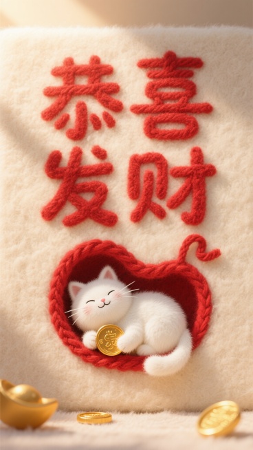 温馨的米色羊毛毡背景，表面布满细腻均匀的绒毛，暖光照射下泛着光泽。“恭喜发财”四字由蓬松红毛线织成，红色鲜艳，线条粗细均匀，边缘微微卷曲，充满手工编织质感，“恭”字笔画弯曲，“喜”字像笑脸，“发”字似预览效果