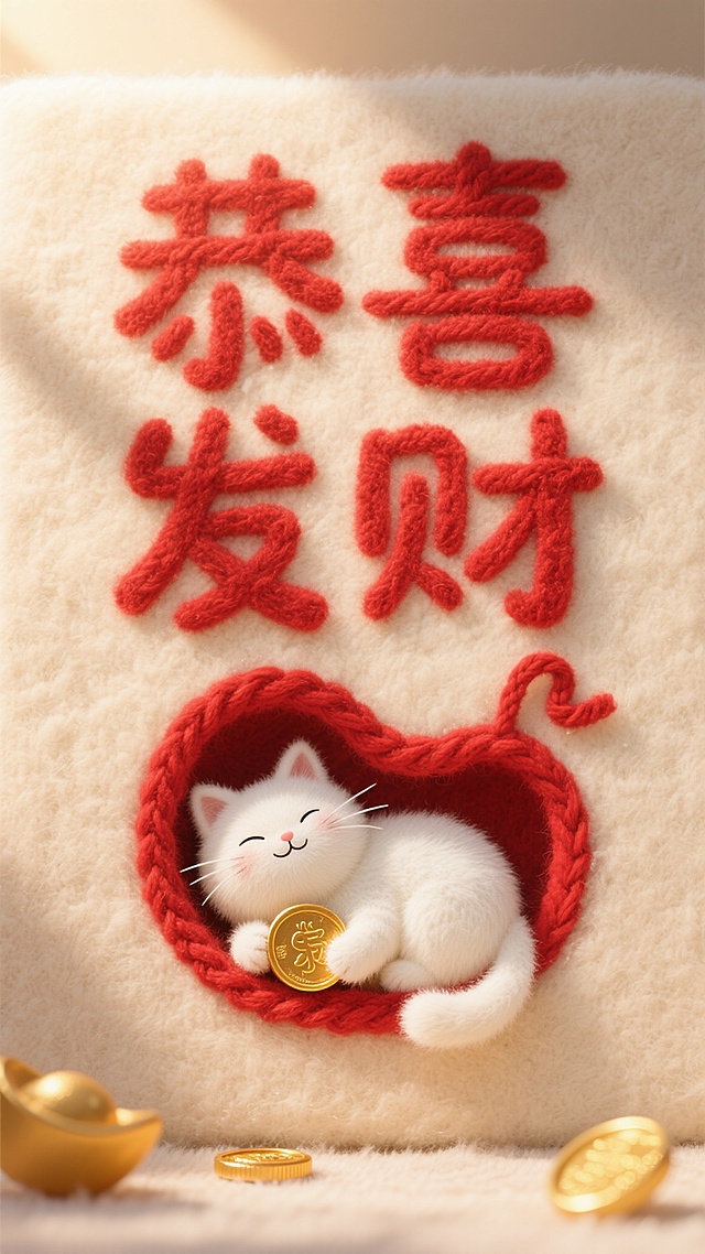 刺绣风软3D质感，国潮喜庆元素融合，萌趣招财猫藏于红绳心形洞中，手持金元宝，搭配毛绒纹理与立体字，营造温暖可爱的新春氛围。