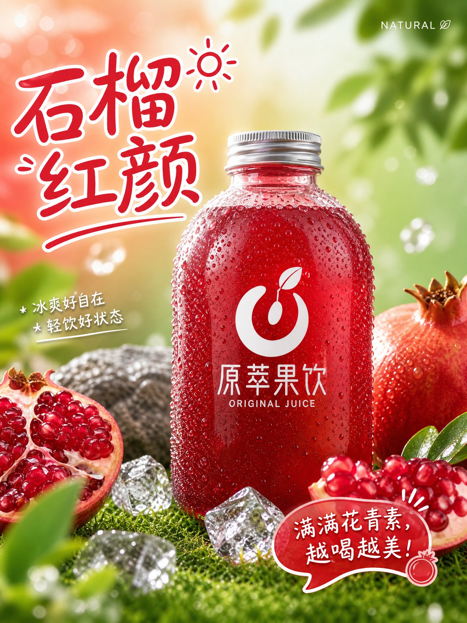 参考图的版式骨架和氛围风格，生成红颜石榴汁鲜榨果汁广告海报。画… - 图片创意预览