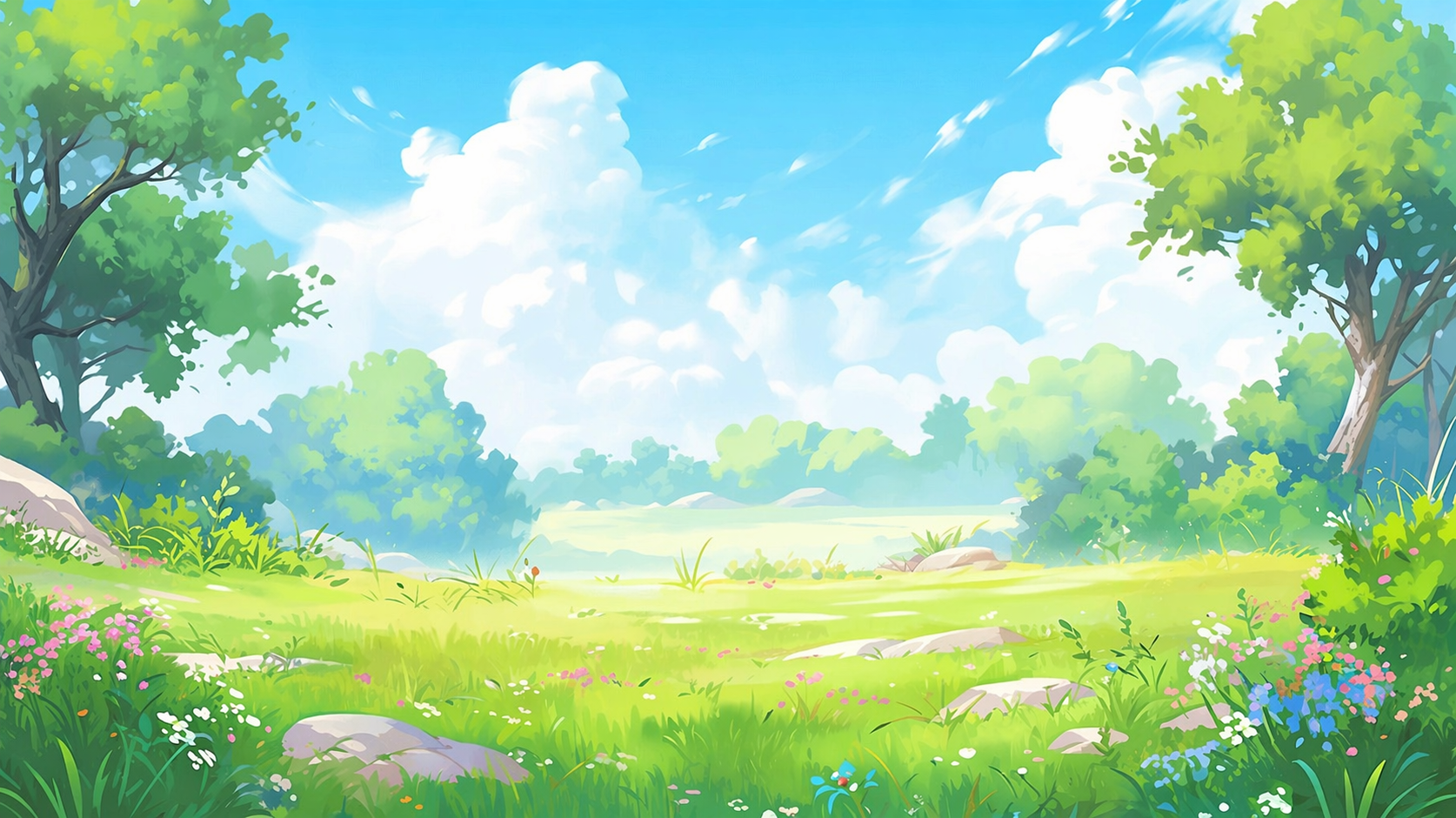 参考当前图片的插画风格，重新生成这片夏日青草地森林风景，移除画… - 图片创意预览