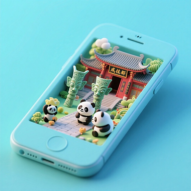 一个手机创意微缩场景，手机平放，侧面对着观众，手机俯视角度，立体的成都景观从屏幕内出来，有熊猫，三星堆，武侯祠，整体色调立体魔幻。青色背景。具有梦幻感,打光营造出柔和氛围强调梦幻和未来感的美学。
