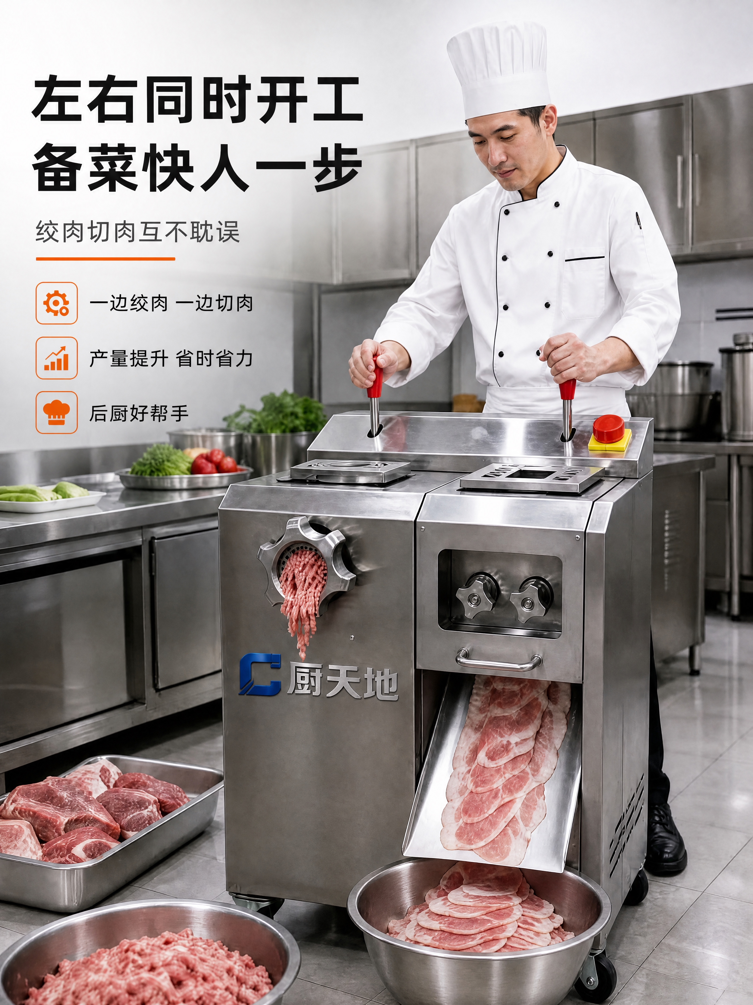 局部添加一个不锈钢接肉盆，其余画面全部保持不变。【图1】右侧切… - 图片创意预览