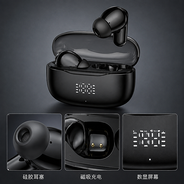 主图3 产品细节特写-入耳结构与充电仓。画面上方为完整的黑色蓝牙耳机充电仓开盖全景，下方三格细节卡片矩阵：左格为单只耳机入耳端硅胶耳塞微距特写，展示柔软硅胶材质与出音孔结构；中格为充电仓内部磁吸充电触点特写；右格为充电仓正面LED数显屏幕放大特写，数字清晰锐利。深灰色高级感背景，整体冷灰科技色调统一。每格细节配极短中文标注词，如"硅胶耳塞""磁吸充电""数显屏幕"。保持所有产品部件外观、材质、颜色与输入产品图完全一致，杜绝变形。商业产品摄影，微距细节清晰锐利，光线均匀，质感真实。无水印、无二维码、无联系方式、无平台logo、无促销、无明星IP。1:1正方形，高清实物摄影质感。