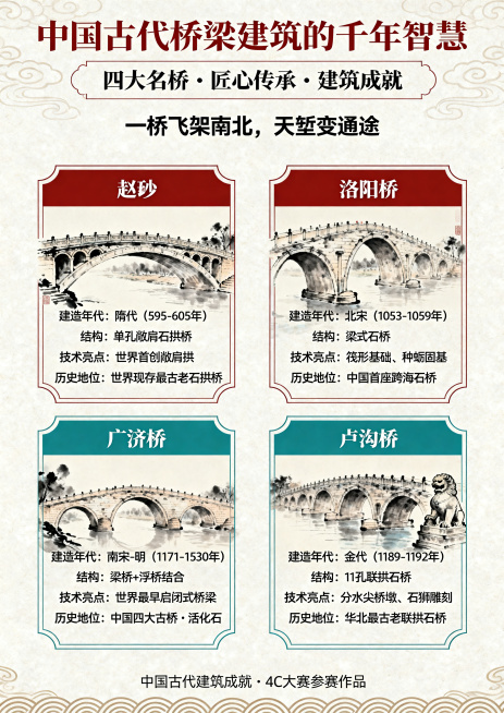 生成一张用于中国大学生计算机设计大赛的获奖级信息可视化海报，主题为中国古代桥梁建筑成就——中华优秀传统文化系列之六，聚焦赵州桥、洛阳桥、广济桥、卢沟桥四大中国古代名桥。内容要求：必须清晰展示每座桥的建预览效果