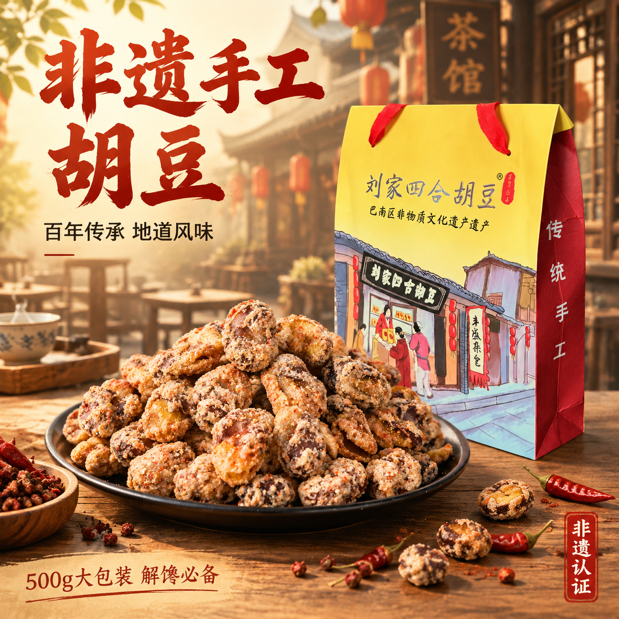 [主图-1] 首图点击率 非遗手工胡豆礼盒 古镇茶馆场景。 [… - 图片创意预览