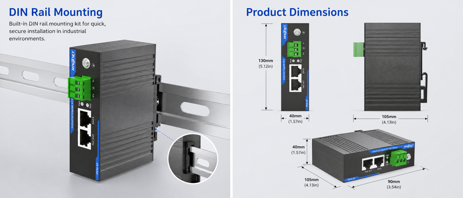 Create a Amazon Advanced A+ detail page for Mid-span Industrial Gigabit BT PoE Injector. The page is预览效果