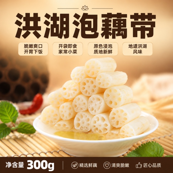 [单张主图] 泡藕带，爆款促销感主图，突出食欲感和脆嫩品质，适合淘宝天猫抖音平台。
[画面主体] 保持输入图片中泡藕段的产品外观、颜色、孔洞纹理、摆盘方式完全一致，精准还原藕段的脆嫩质感，杜绝任何变形预览效果
