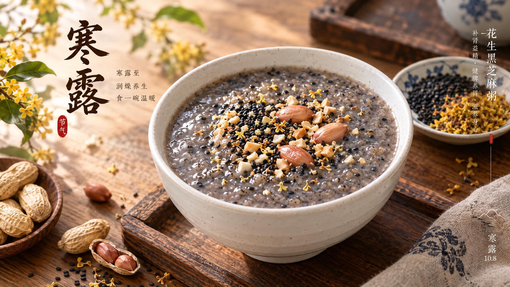 横版美食照片，花生黑芝麻粥，寒露节气主题，粥品软糯细腻，表面撒… - 图片创意预览