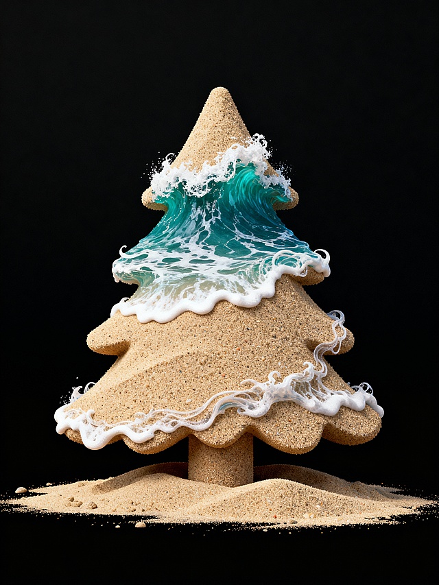 沙质圣诞树融合液态海浪，3D重拟物风呈现梦幻清爽的虚拟自然，清透波纹与体积感交织，演绎夏日节日奇景。