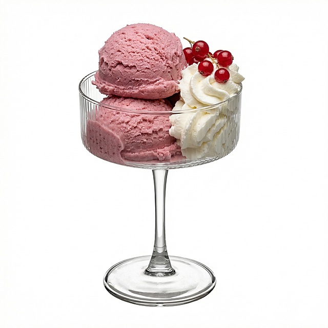 在这个竖纹透明高脚杯内，堆叠两颗饱满的粉调冰淇淋球，质地绵密蓬松，表面带细腻气孔，呈现柔和雾面质感，为莓果或樱花风味。冰淇淋旁挤有蓬松的白色奶油花，奶油纹理清晰，轻盈如云朵，上面点缀着几颗带纤细果柄的鲜红小浆果红醋栗，整体保持纯白背景