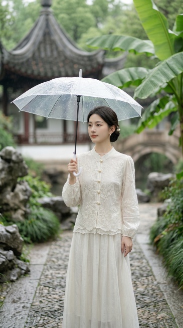 新中式贵气氛围感大片，全身人像，24岁左右气质温婉的东方女生，鹅蛋脸，清透贵气的淡妆，黑长直柔顺低盘发，点缀一支珍珠发簪，眉眼温柔，自带书香贵气感；配饰为小巧的珍珠耳钉、细款珍珠锁骨链，手持一把透明古预览效果