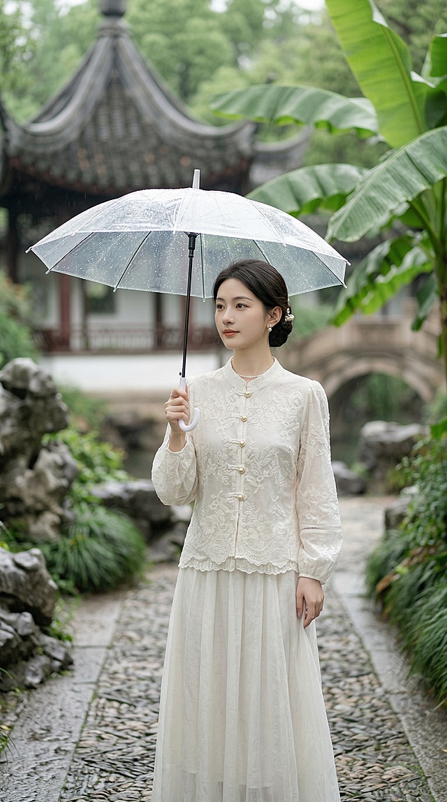新中式贵气氛围感大片，全身人像，24岁左右气质温婉的东方女生，鹅蛋脸，清透贵气的淡妆，黑长直柔顺低盘发，点缀一支珍珠发簪，眉眼温柔，自带书香贵气感；配饰为小巧的珍珠耳钉、细款珍珠锁骨链，手持一把透明古风雨伞；模特动作优雅自然，各不相同，适配江南烟雨园林场景，动作松弛舒展，氛围感拉满；场景：春日烟雨濛濛的苏州园林，青石板路，回廊飞檐，背景是朦胧的芭蕉叶与太湖石，细雨打湿的绿植，柔和的漫射雨天光影，通透清润的色调，浅景深背景虚化，女生穿着白色新中式立领刺绣蕾丝衬衫，服装刺绣与蕾丝细节清晰锐利，面料通透质感还原到位，新中式时尚大片质感
