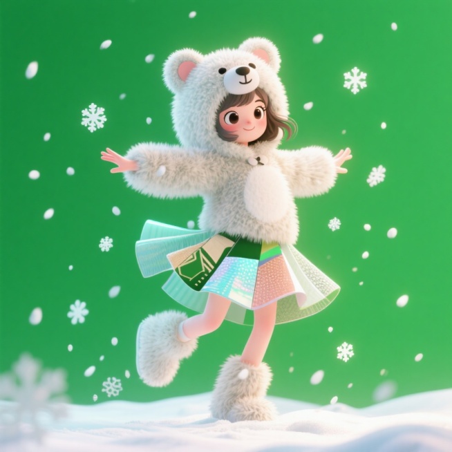 画面主视觉是穿着熊服装的女孩，在翩翩起舞，有雪落下。绿色纯色背景预览效果
