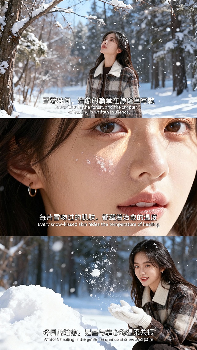 胶片风雪林人像，光影柔美，拼贴式构图营造静谧治愈感，文艺浪漫中透出冬日温柔与实景质感。