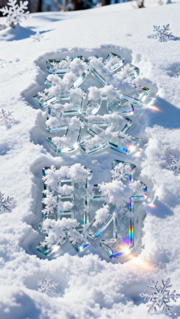 背景是皑皑白雪个别特写的雪花：前景是晶莹剔透“发财”蓬松雪花繁体字，冰雕雪花纹理描边，多层冰块玻璃质感叠加有一定厚度，重重的扎在松软白茫茫的雪地里，文字四周有深深的凹痕，有道光线照射在边缘上，文字折射预览效果