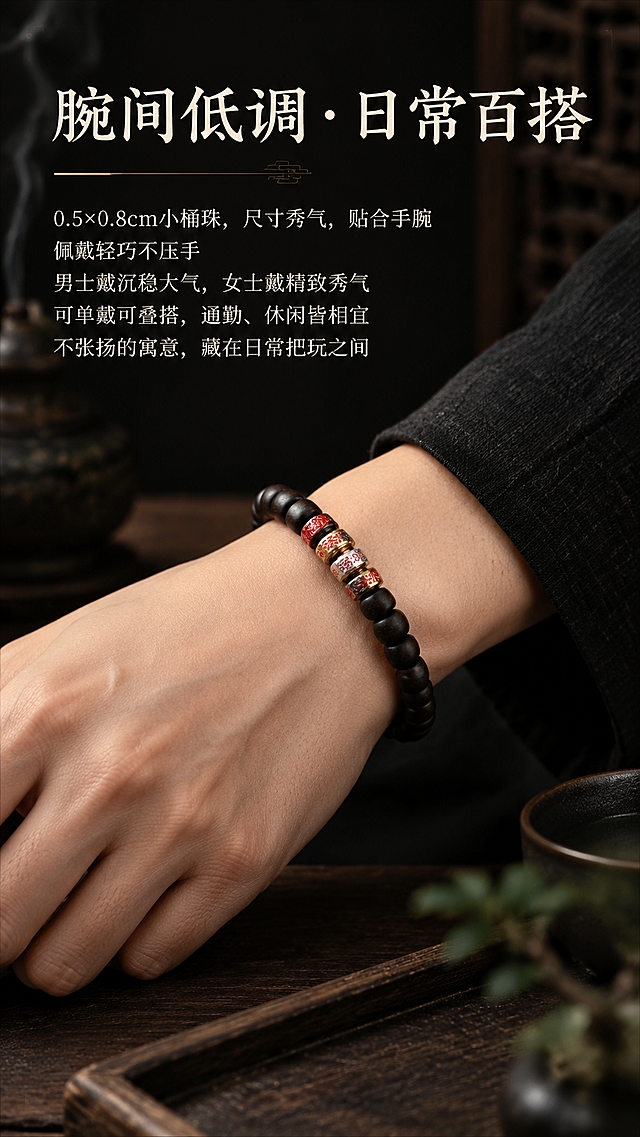 第8屏：佩戴展示-上手效果。基于image4手持手串图，生成详情页佩戴展示屏，9:16竖版。要求：1. 产品外观不变；2. 暗调雅致质感，深色禅意背景，展示手串佩戴在手腕上的效果，手部着深色素衣；3. 标题："腕间低调·日常百搭"；4. 文字："0.5×0.8cm小桶珠，尺寸秀气，贴合手腕 佩戴轻巧不压手 男士戴沉稳大气，女士戴精致秀气 可单戴可叠搭，通勤、休闲皆相宜 不张扬的寓意，藏在日常把玩之间"；5. 整体氛围静谧雅致，突出佩戴效果，详情页排版。