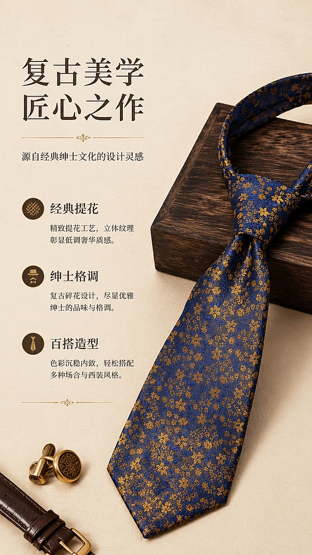 [第2屏] 设计理念页-复古绅士美学风格解析。本屏使用【图4】蓝金碎花款领带作为主体展示。
[氛围/风格] 复古绅士商务风，高级杂志内页感，暖棕色调，优雅知性。
[元素布局] 蓝金碎花款领带斜置于画面右侧，搭在深棕色木质展示架上，占比约45%；左侧为大面积留白的文字区；背景为浅米色带有细腻纸纹质感；画面左下角点缀复古黄铜袖扣、皮质表带；领带的蓝金碎花图案、材质、光泽与输入产品图完全一致。
[光影质感] 左侧柔光主光，右侧辅光补光，领带提花纹理清晰可见，木质展示架有自然投影，整体光线柔和温暖。
[配色色系] 全局底色 #F5EFE6（浅米咖色）；主色深蓝、金色；辅助色深棕、米白。
[视角构图] 平视微侧角度，阅读动线左侧文字 → 右侧领带主体，画面平衡优雅。
[文字版式] 版式为左文右图。主标题「复古美学 匠心之作」，副标题「源自经典绅士文化的设计灵感」，衬线字体左对齐；正文3个风格关键词：「经典提花」「绅士格调」「百搭造型」，每个关键词配简短说明；文字区底部有细金线装饰；文字不遮挡领带。
[比例分辨率] 9:16 竖版比例，4K分辨率，文字清晰可辨，高清画质。
[负向提示词] 领带变形，花纹错乱，颜色偏差，水印，文字过小，文字错乱，背景杂乱，产品模糊。