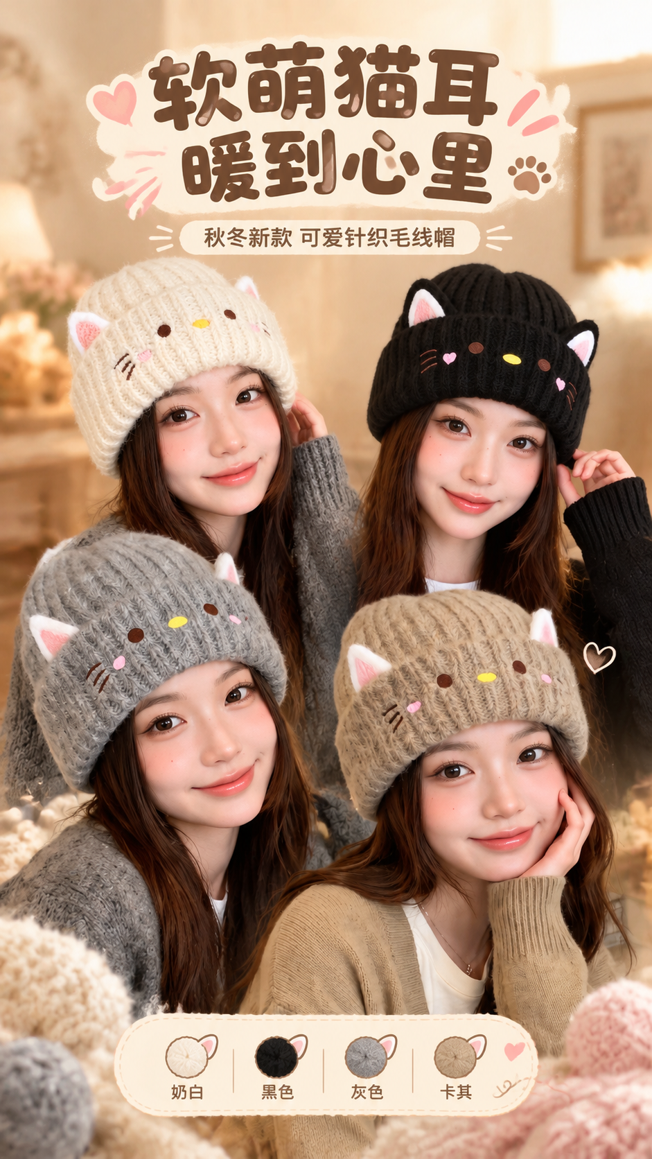 [商品] 使用【图2】米白色猫咪耳朵针织帽、【图5】黑色猫咪耳… - 图片创意预览