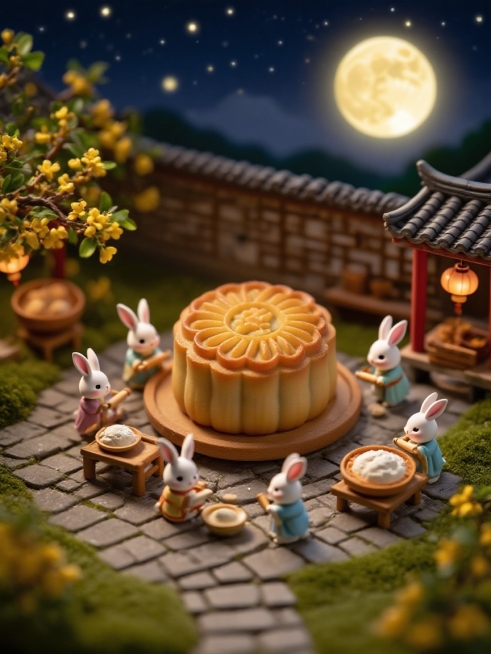 古风微缩场景，夜晚，庭院，朦胧暖色月亮，桂花枝。中间是一个大月饼，身着传统服饰的兔子们，有的在揉面团，有的在拿擀面杖，有的在端盘子，非常热闹的忙碌着的景象。预览效果